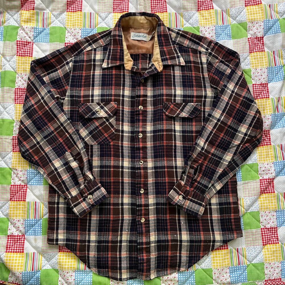 Vintage‎ 80s Mens Brown Plaid Flannel Hunting Shirt // Size Large